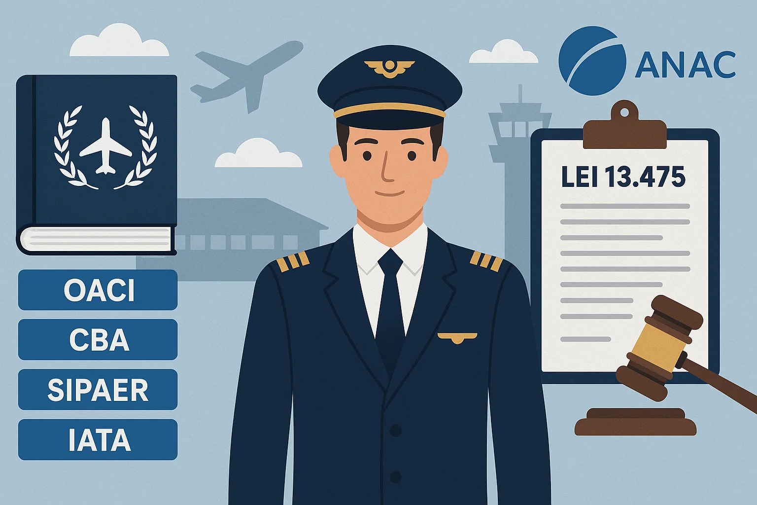 Imagem representando regulamentação aviação civil, profissão do aeronauta e órgãos como ANAC, OACI, CBA, SIPAER, IATA e Lei 13.475