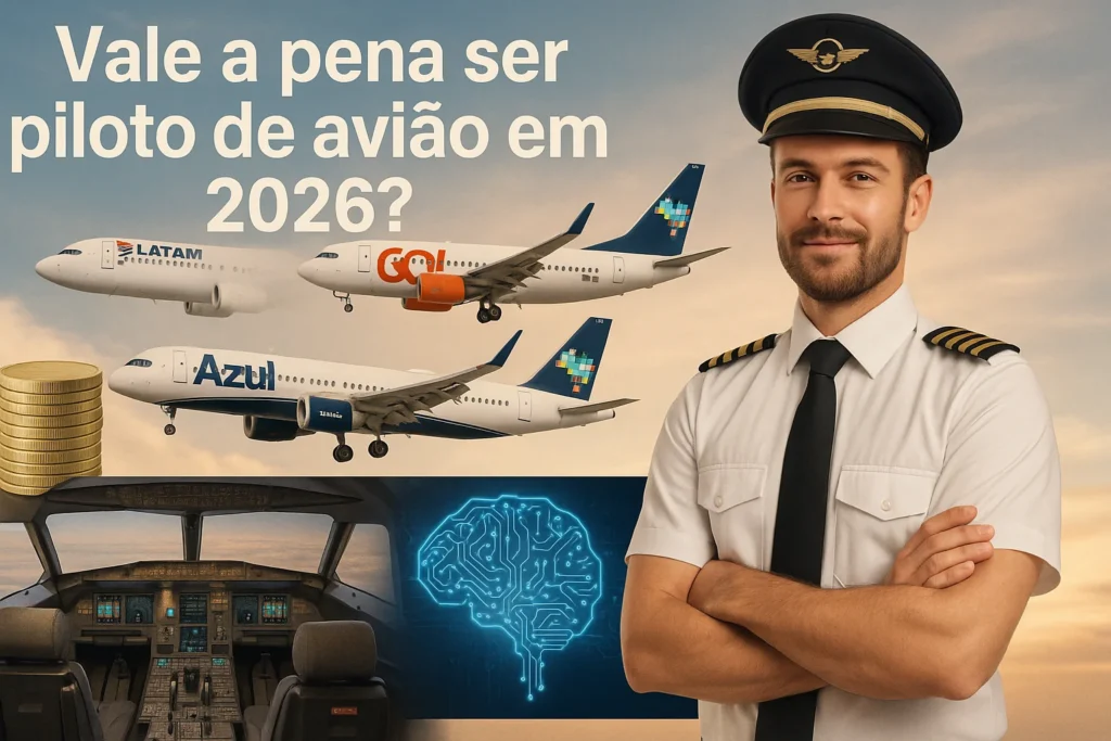 Imagem de capa representando se vale a pena ser piloto em 2026, com destaque para mercado, salários e impacto da IA