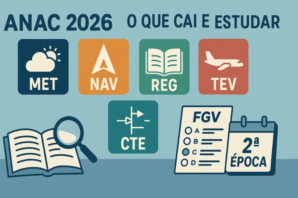 Capa horizontal 16:9 representando a banca ANAC 2026 que, com destaque para o estudo e preparação para a prova FGV do Piloto Privado.
