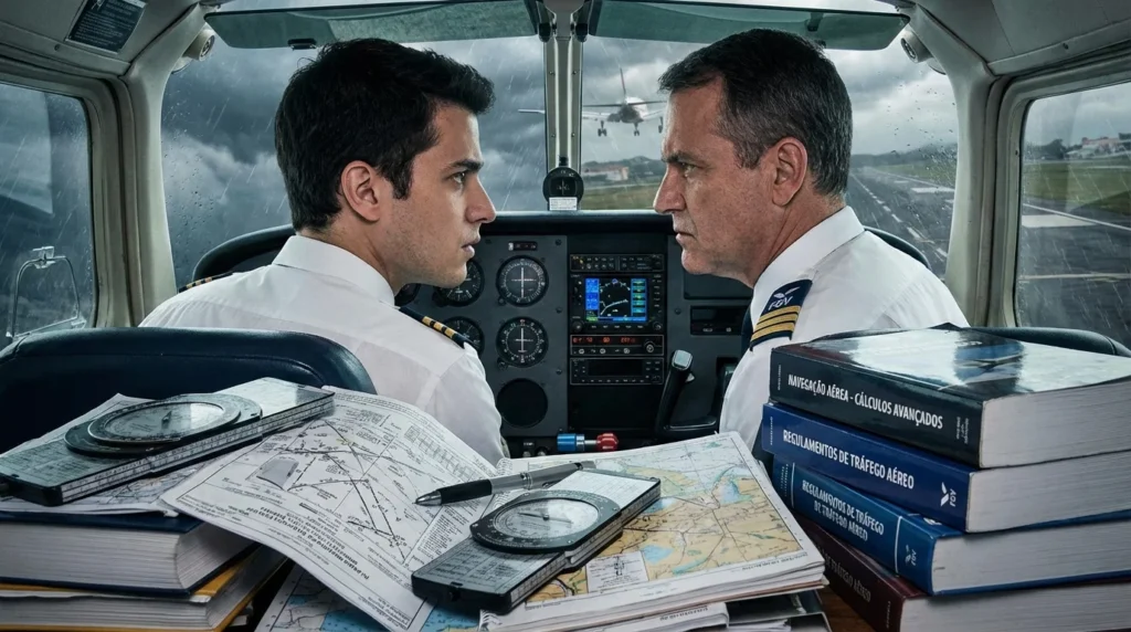 Imagem de capa horizontal 16:9 representando a preparação para 'vai encarar banca ANAC' na prova de piloto privado, com elementos de navegação, cálculos e regulamentos