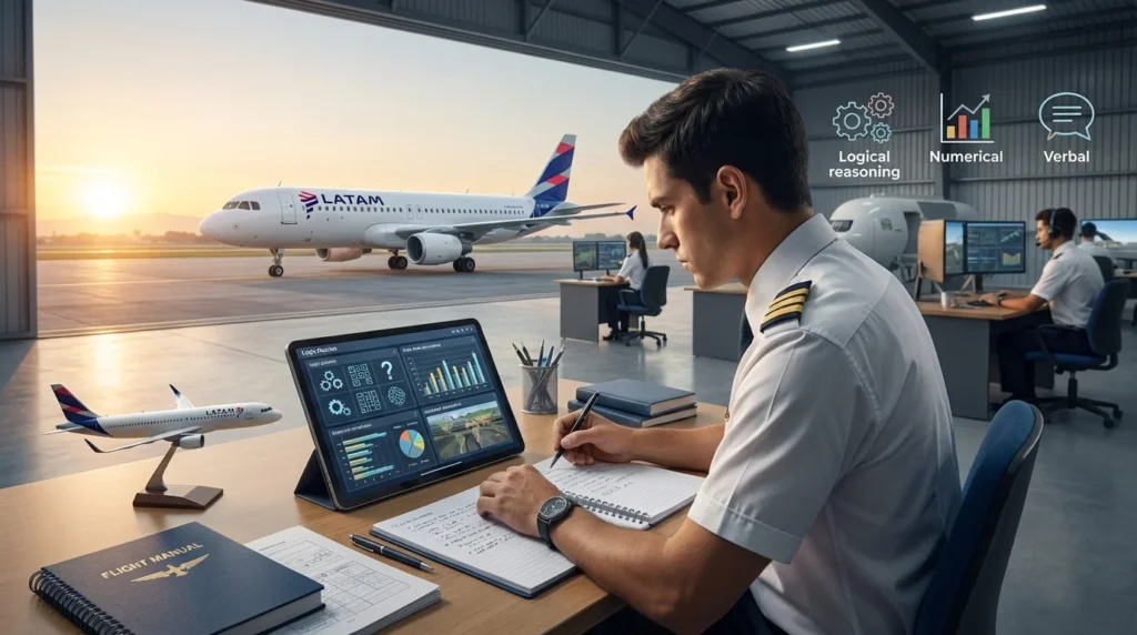 Imagem de capa horizontal 16:9 representando o teste SHL LATAM 2025, com elementos visuais que indicam preparação para a prova da ANAC, sem textos escritos.