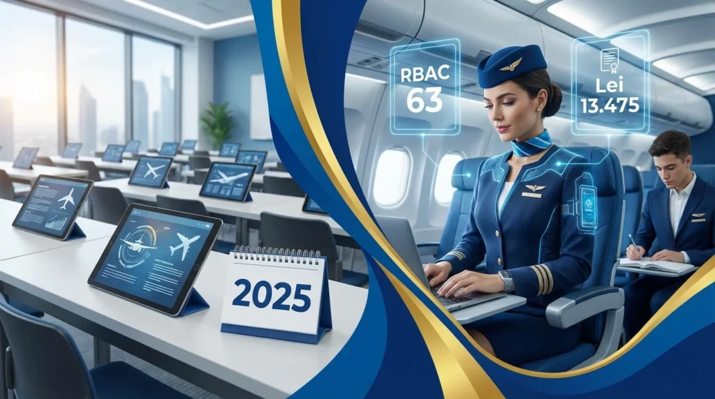 Capa horizontal 16:9 representando a prova ANAC 2025, RBAC 63 e Lei 13.475, focada em tornar-se comissário de voo