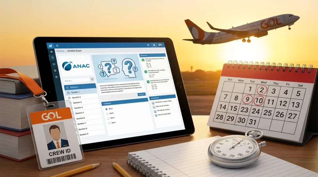 Imagem representando prova ANAC GOL reabre banco de talentos para comissários, com elementos que simbolizam prazos, requisitos e treinamento