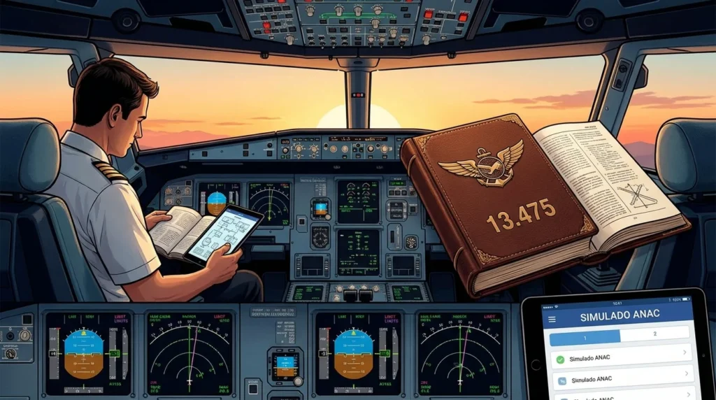 Imagem de capa horizontal 16:9 representando a Lei Aeronauta 13.475/2017, focada na prova da ANAC, limites e simulados com destaque na palavra-chave.