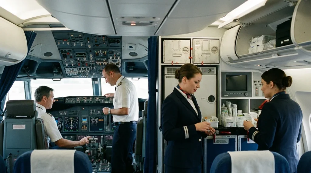 Tripulantes em preparação na cabine de aeronaves, destacando regulamentação aeronauta que cai na prova da ANAC