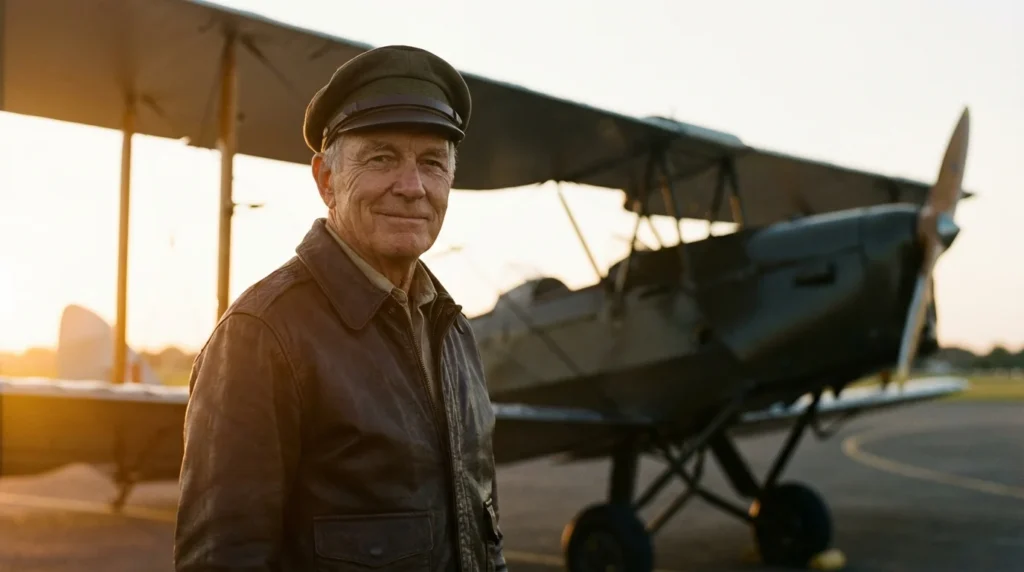 Piloto veterano ao lado de aeronave em aeroporto ao amanhecer, representando licença habilitação aviação civil
