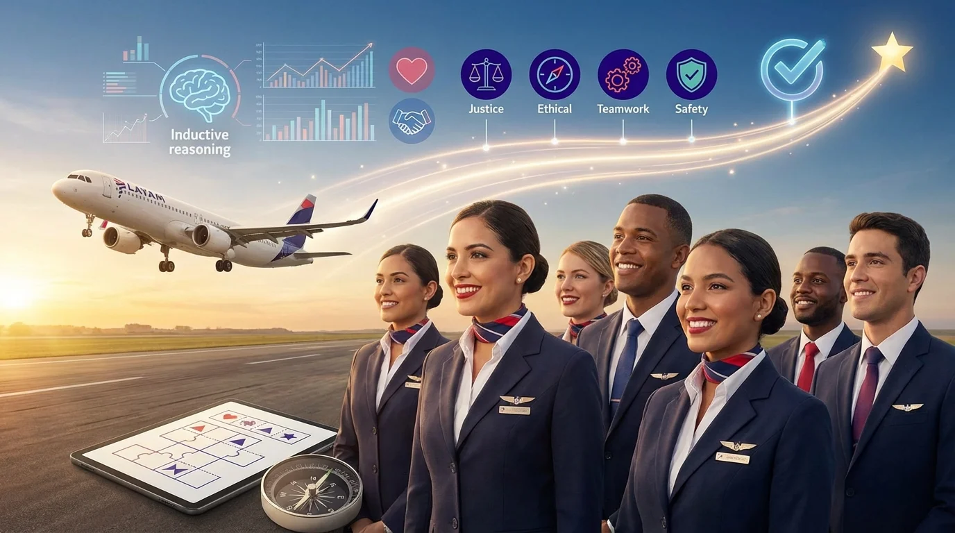 Imagem representando o teste SHL LATAM para comissário, destacando raciocínio indutivo, personalidade e valores JETS