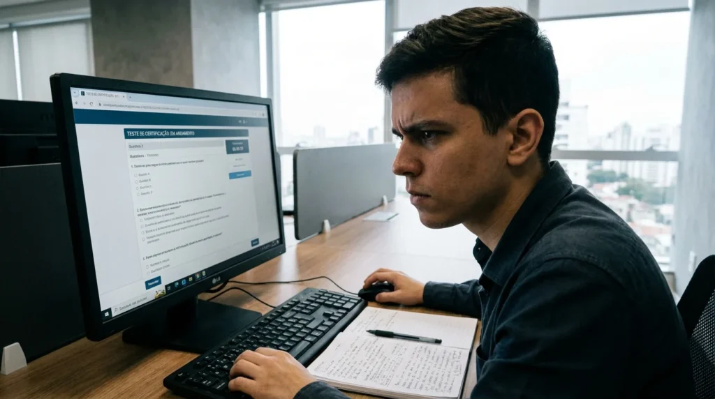 Imagem representando preparação com rascunho automático: pessoa focada diante de computador com anotações e navegador visível