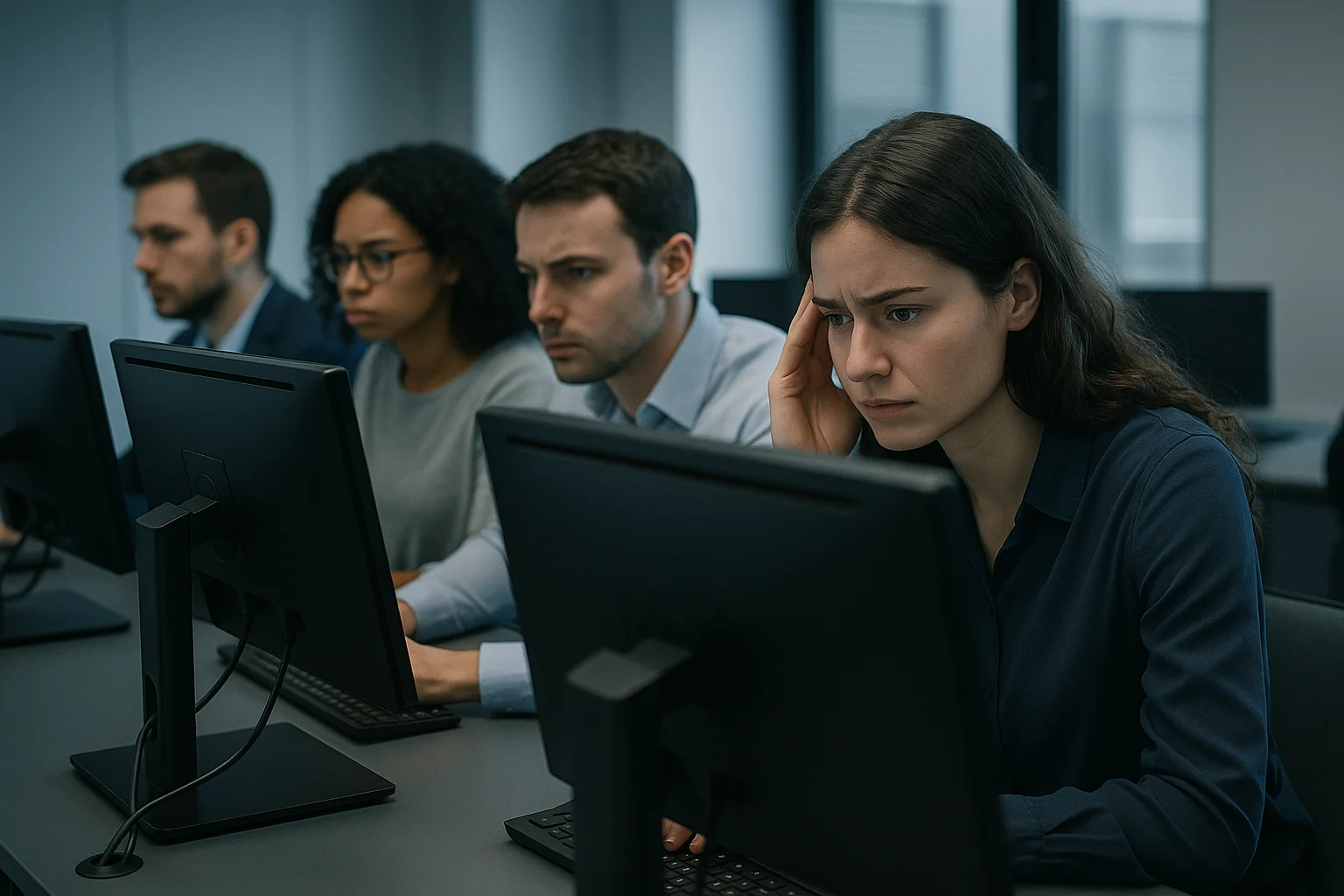Candidatos concentrados diante de computadores em sala de avaliação com rascunho automático, expressões de atenção e ansiedade
