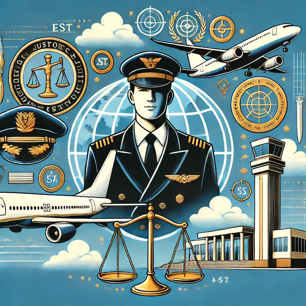 Ilustração representando o Sistema de Aviação Civil e a profissão de aeronauta, com aviões e símbolos legais